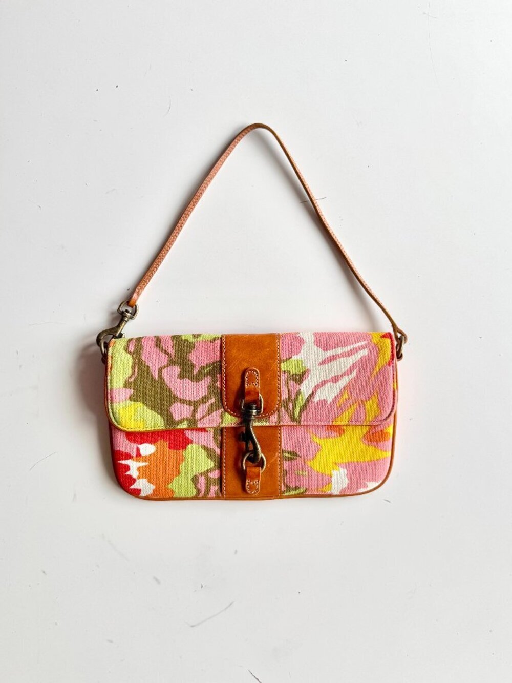 J.CREW Multi Floral Canvas Leather Trim Shoulder Bag Wristlet Clutch Purse